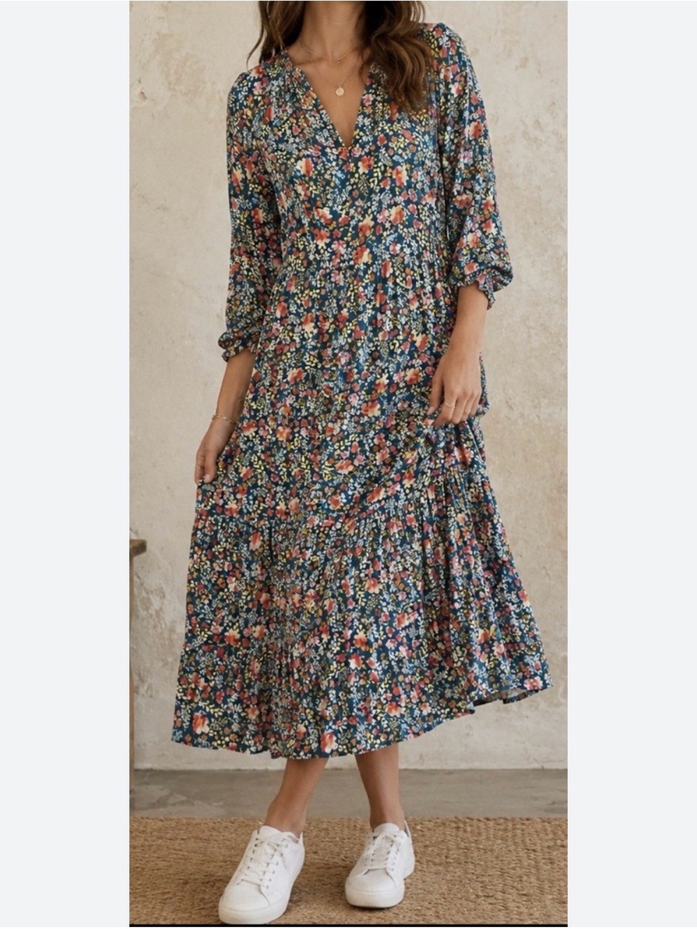 Natural Life Dress Womens Small Floral Maxi Tiered Ruffle Boho Cottage Prairie